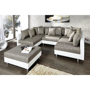 Hoekbank Loft XXL + Hocker - Wit, Grijs